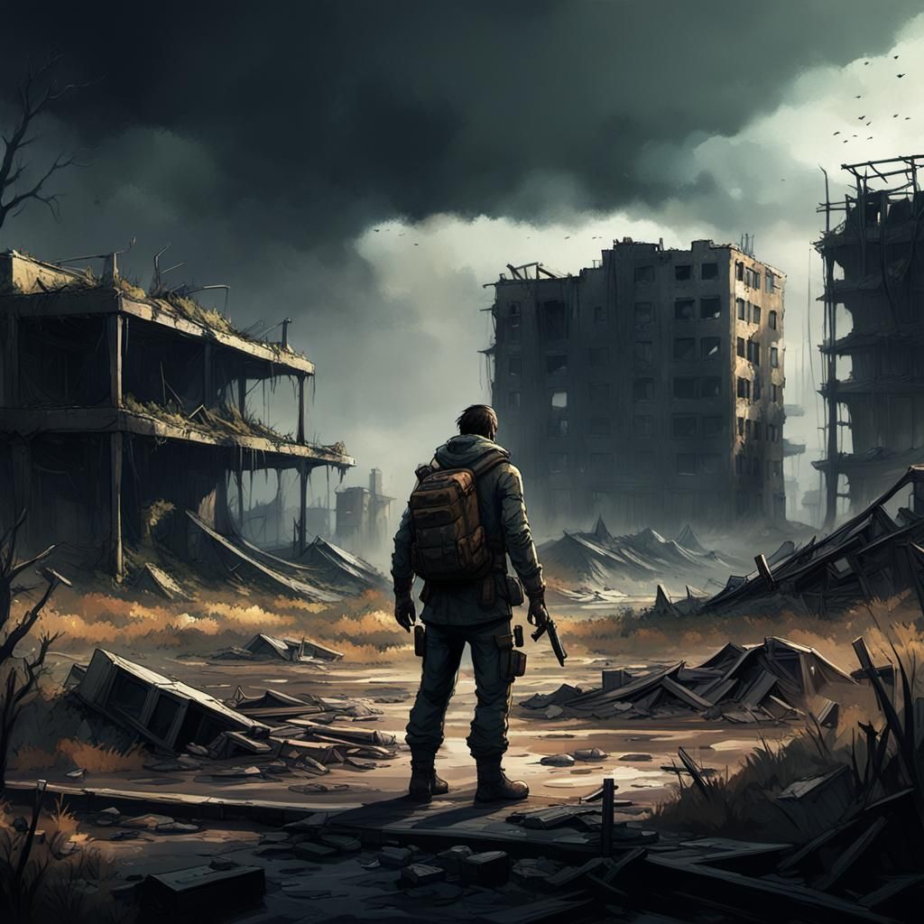 Post-Apocalyptic Survivor in Desolate Landscape