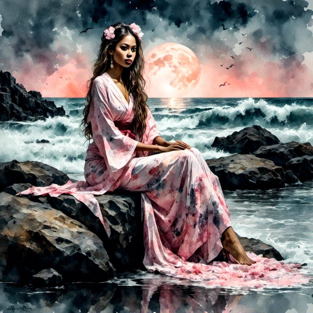 Geisha at Dusk in Antique Watercolor Style