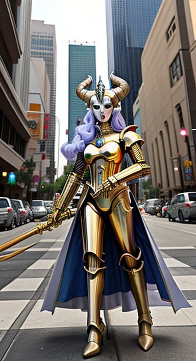 Surreal Cyberpunk Lady Paladin in Futuristic Downtown Los An...
