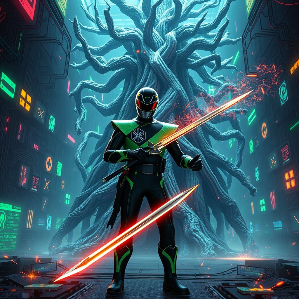 Cyberpunk Power Ranger vs Paranormal Entities in a Neon-Lit....