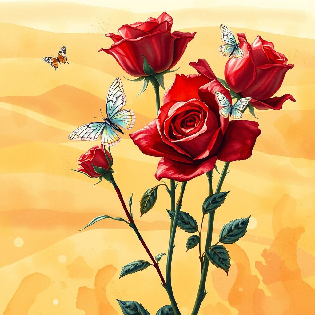 Red Roses and Water Butterflies in Pastel Colors