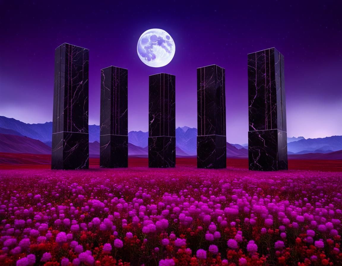 Black Marble Towers on Red Land with Moonlight