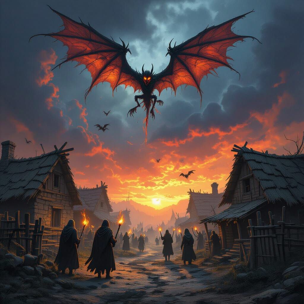 Epic Fantasy Horror: Village Faces Doom Under Stormy Sky