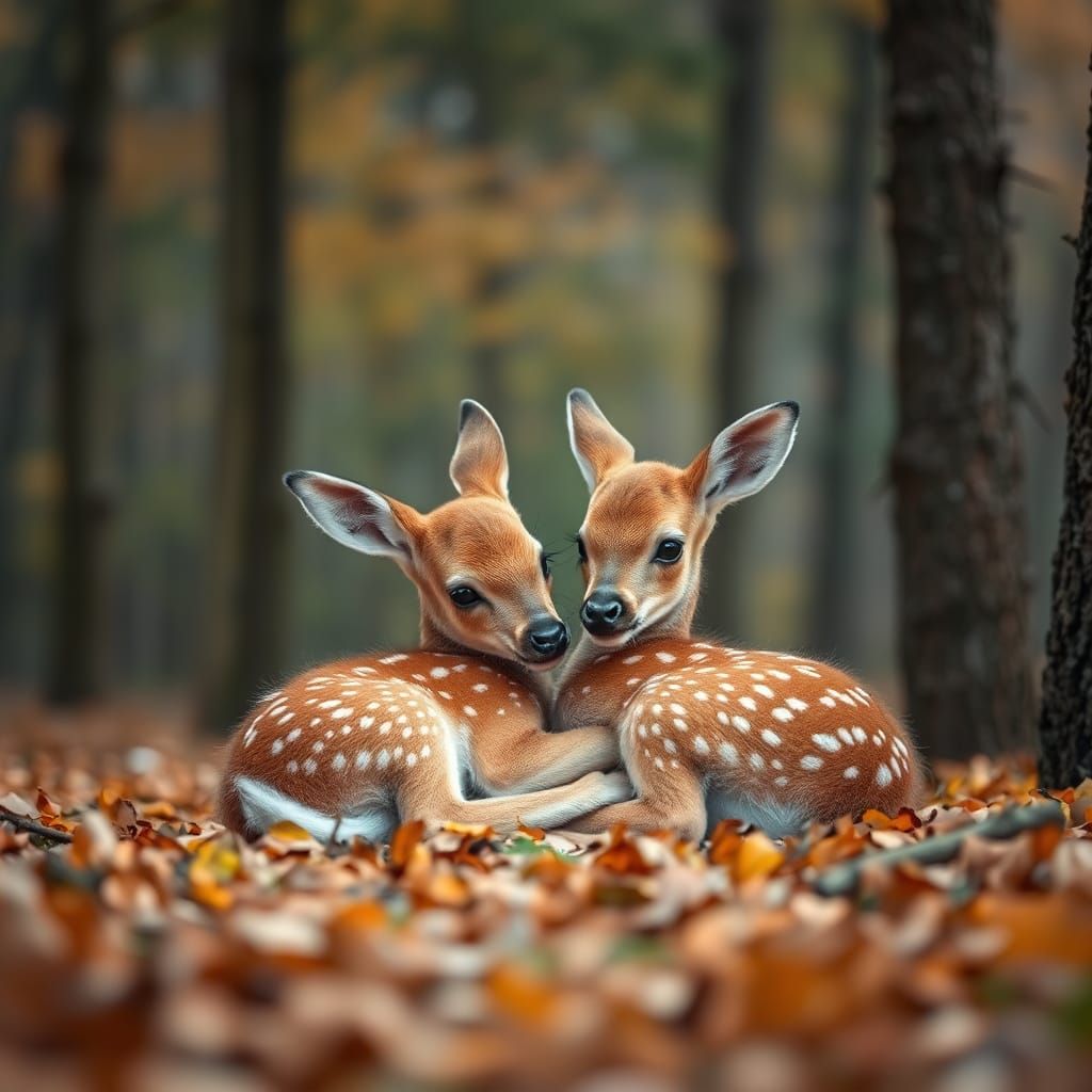 Cute Fawn Snuggles in Autumn Forest