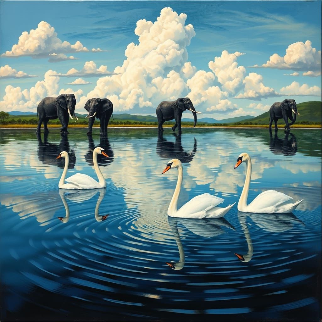Swans Reflecting Elephants in Surrealist Oil Painting