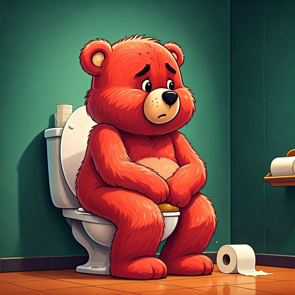 Humorous Red Bear Pooping on Toilet Cartoon