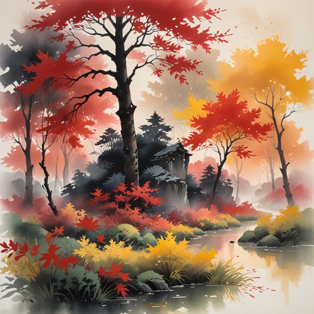 Twilight Crimson Maple Grove Ink Wash Painting