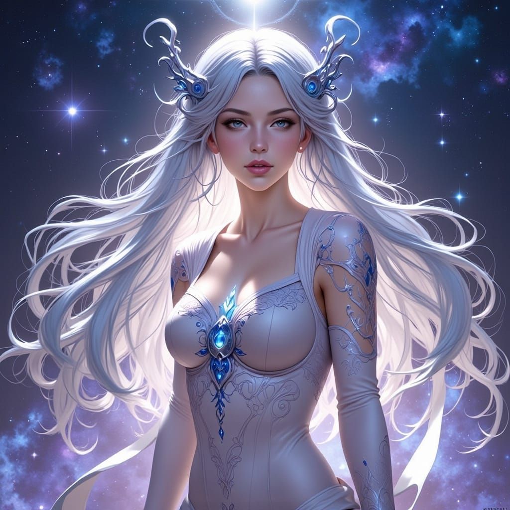Anime Goddess Radiating Divine Light in Cosmic Nebula