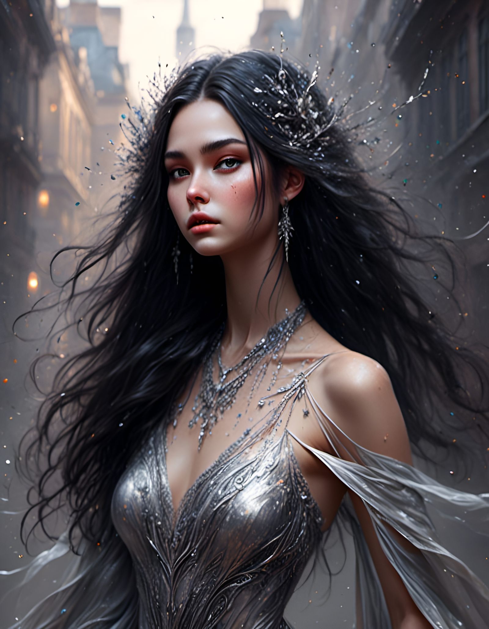 Elven Woman in Silver Gown, Hyperrealistic Style