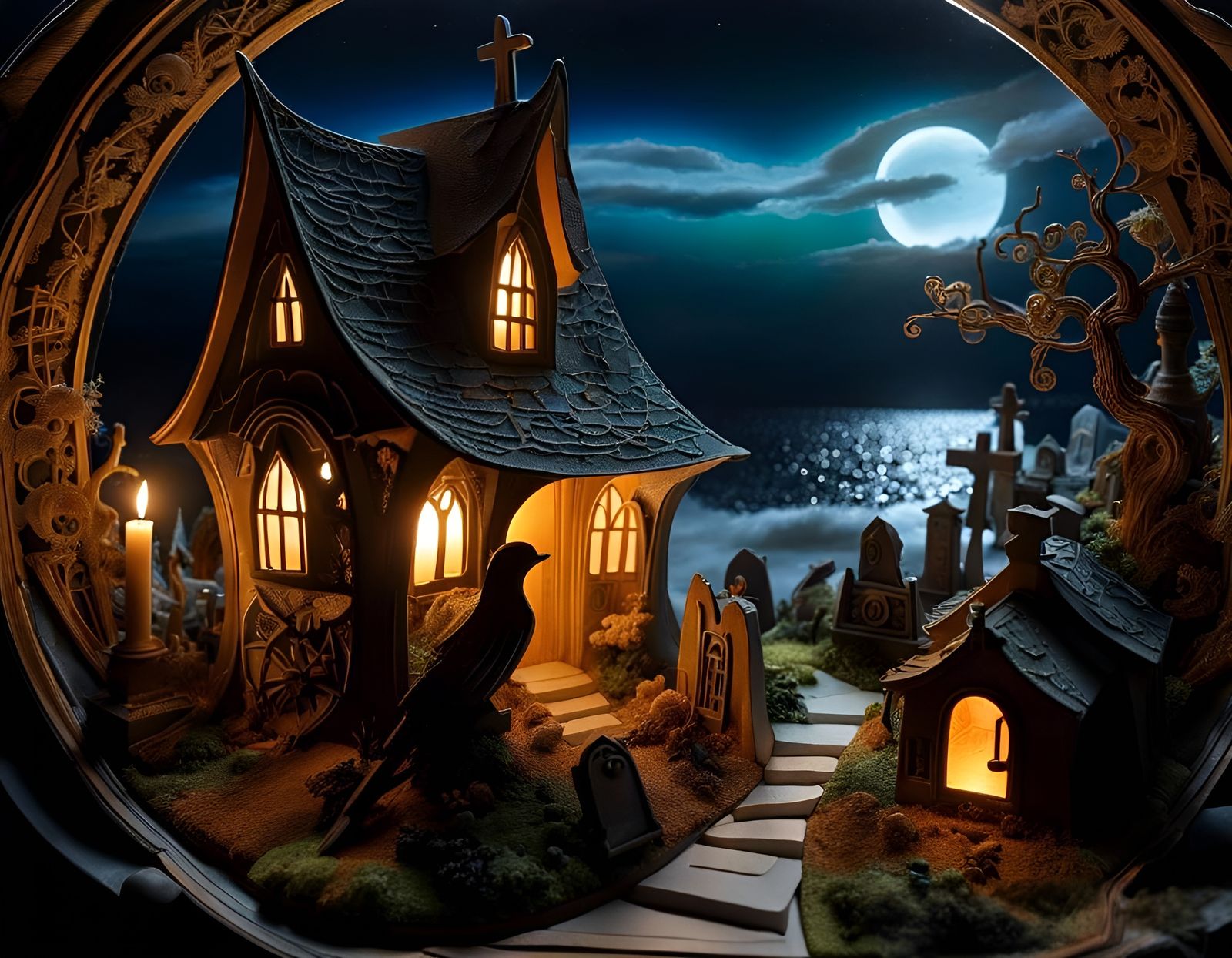 Eerie Coastal Graveyard Village in 3D Stumpwork