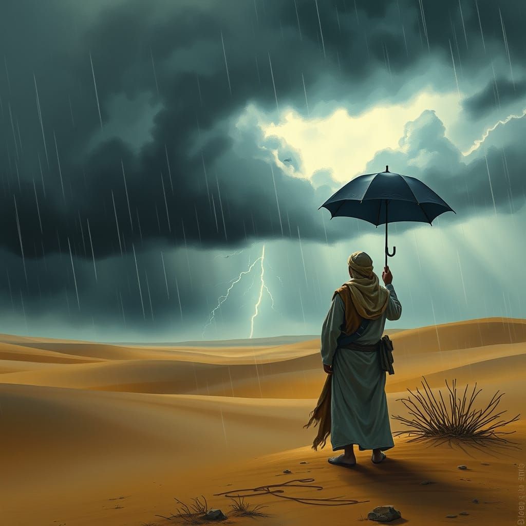 Bedouin in Rainy Desert: Apocalyptic Watercolor