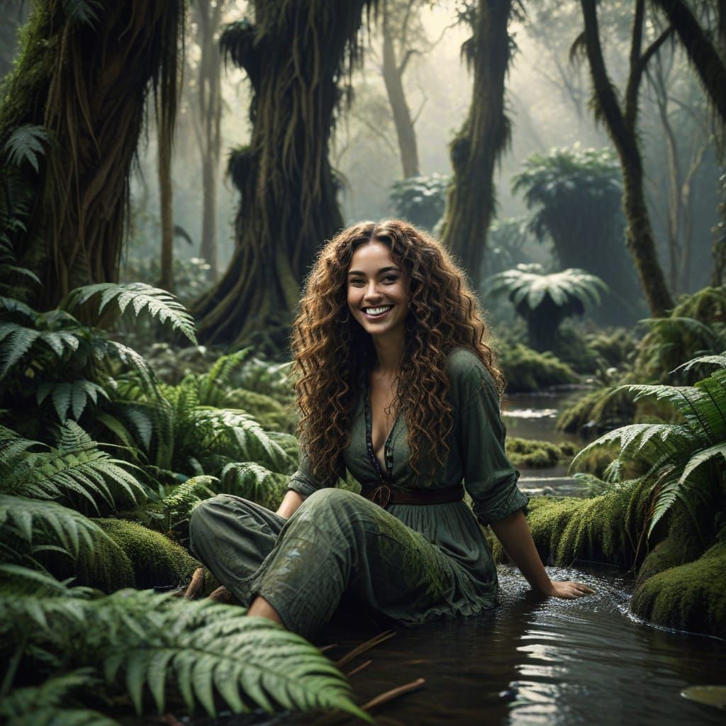 Happy Woman in Prehistoric Swamp: Hyperrealistic Image