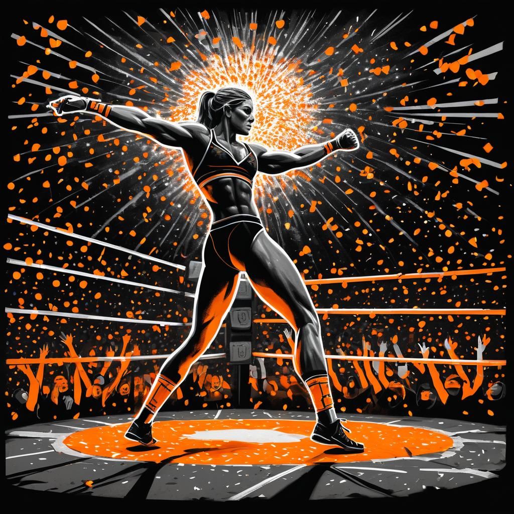 Monochrome Art of a Wrestler in Orange Spotlight