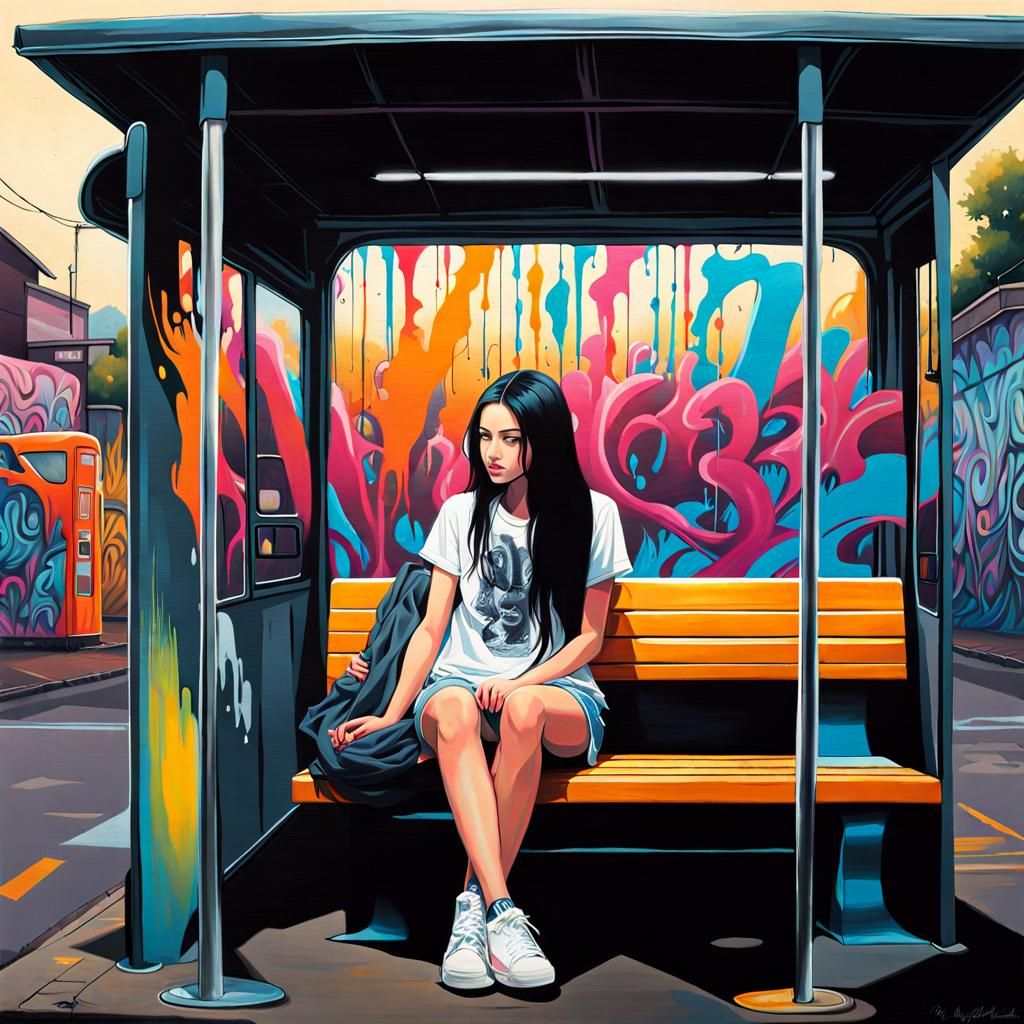 Girl at Bus Stop in Graffiti Art Style