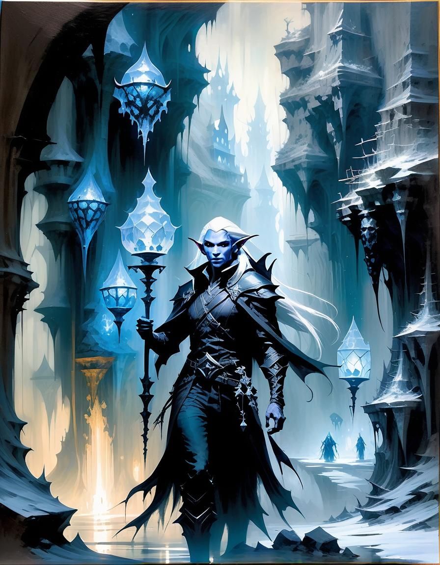 Drow Elf Portrait in Fantasy Underground City