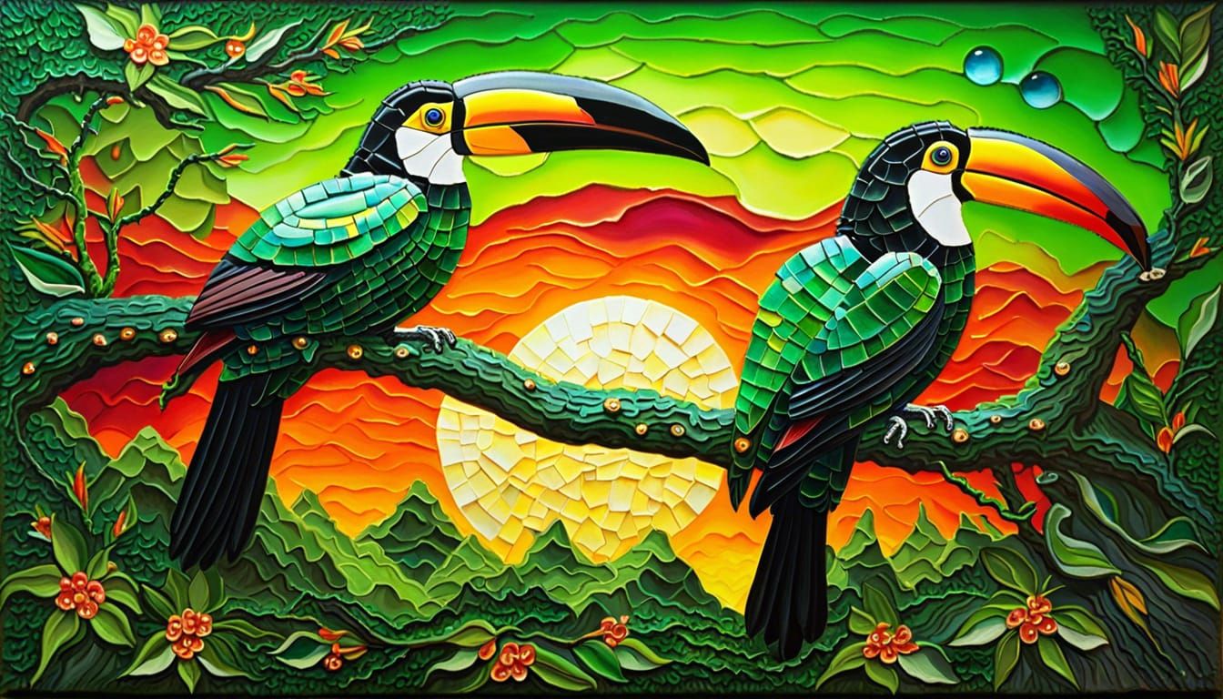 Toucans in Glass Mosaic Impasto Painting