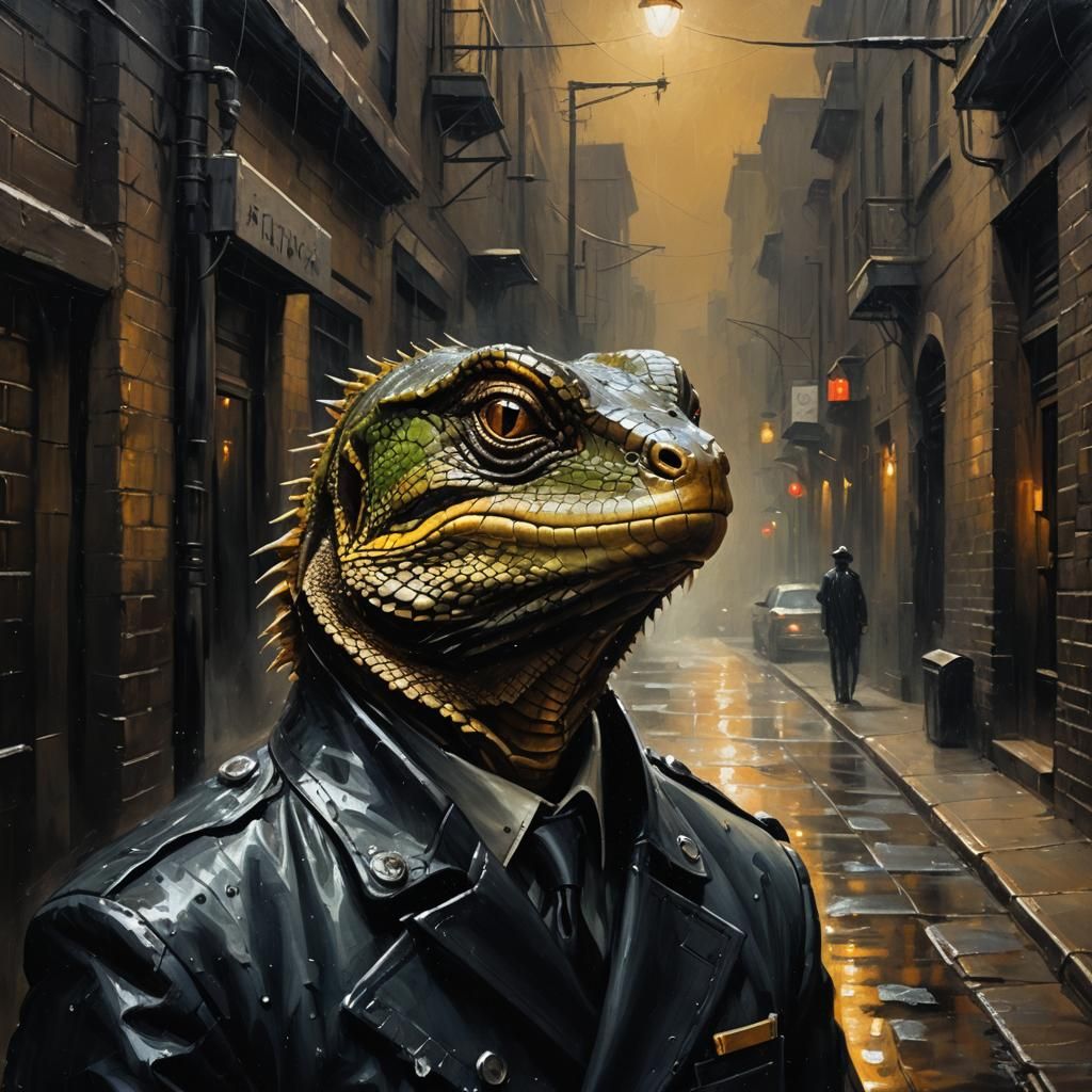 Lizard Cop in Rainy Alley, Dark Fantasy Oil Painting