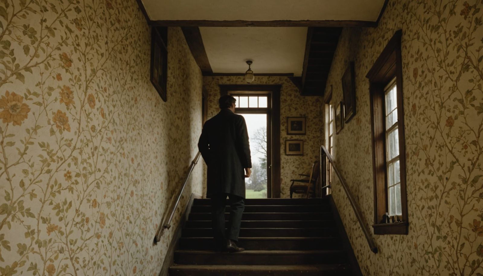 Man Watches From Shadowed Stairwell in Isolated 1970s Englis...