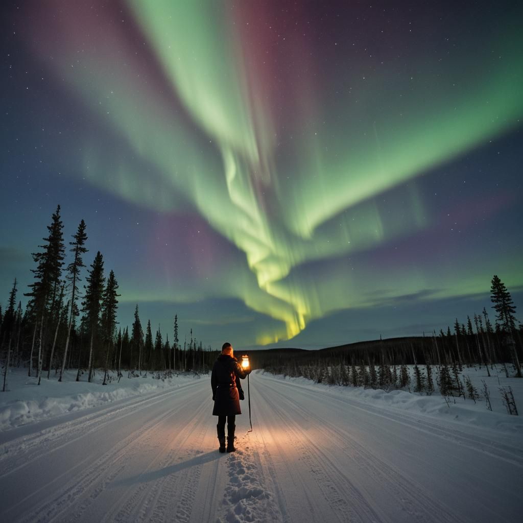 Lapland Road Under Northern Lights With Woman