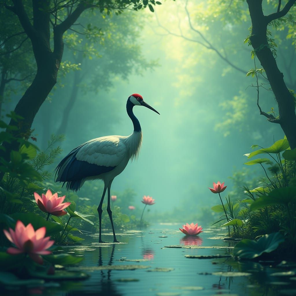 Surreal Japanese Swamp Scene with Majestic Crane