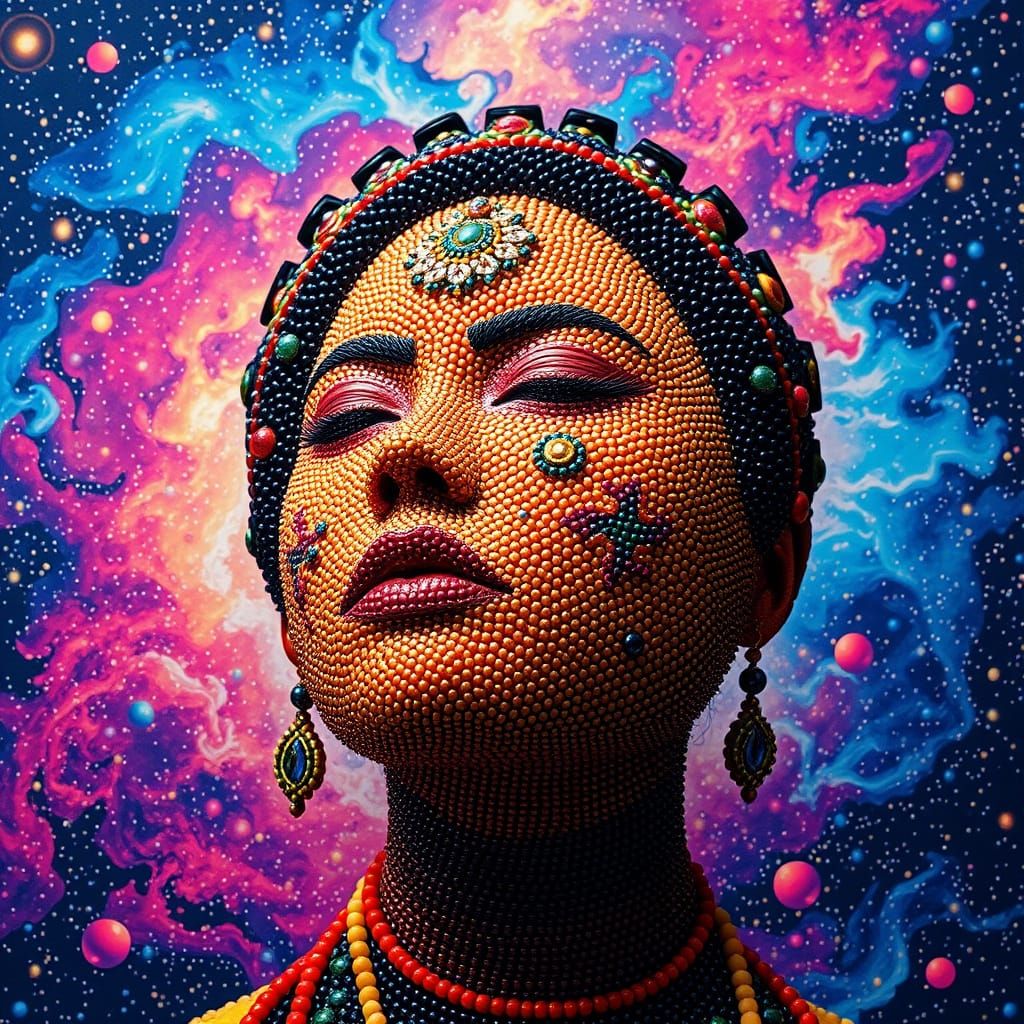 Beaded Woman's Face with Cosmic Background, Digital Art