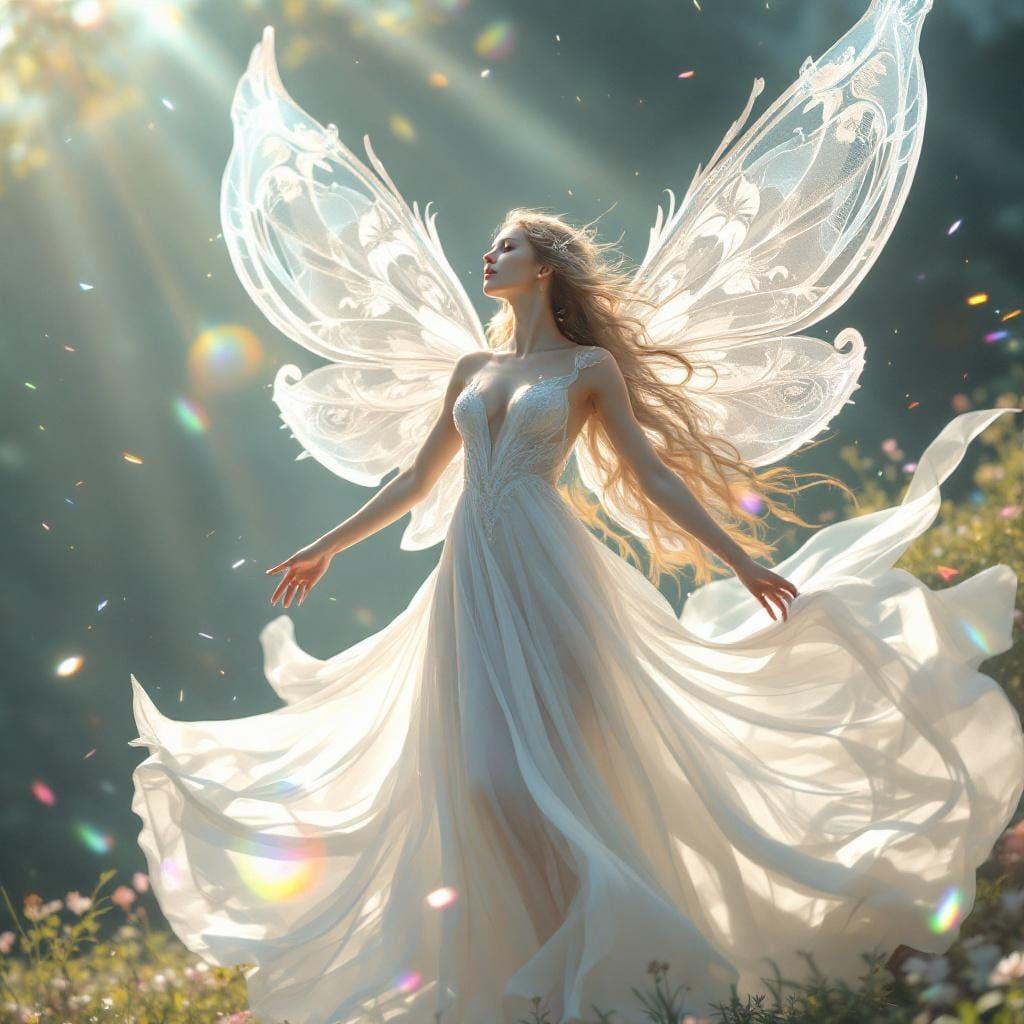 Hyperrealistic Fairy Woman with Rainbow Wings