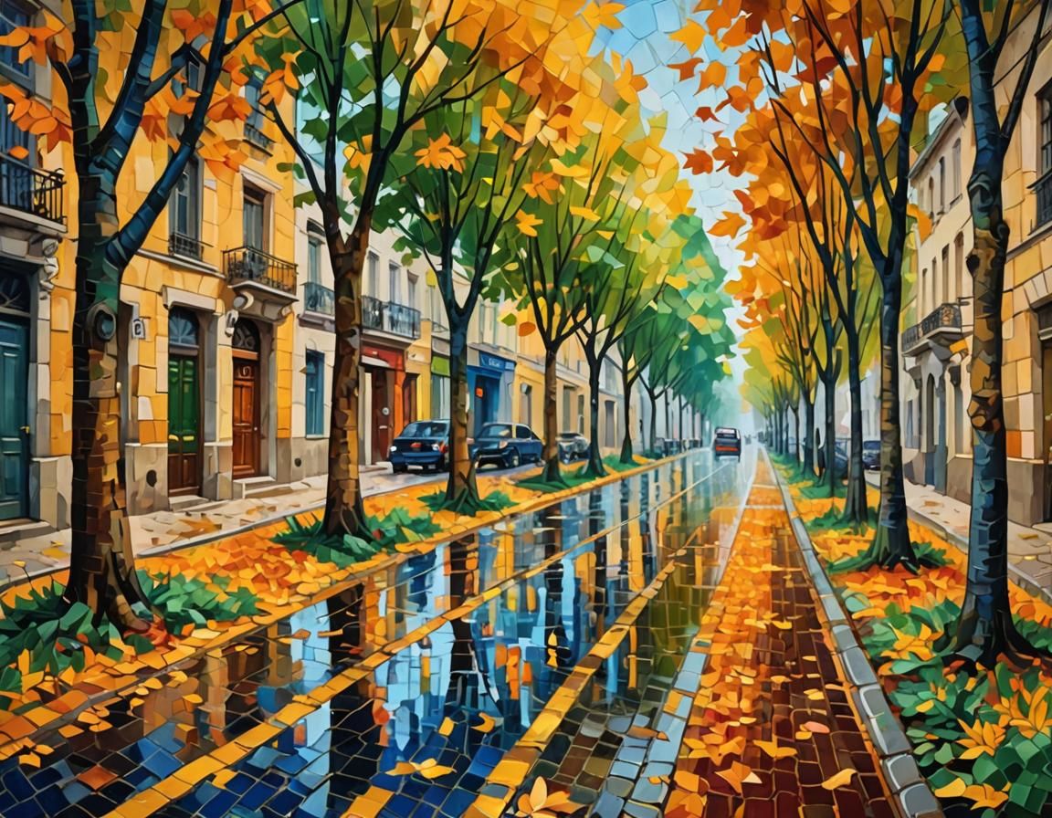 Autumn Street Scene in Paper Collage Technique