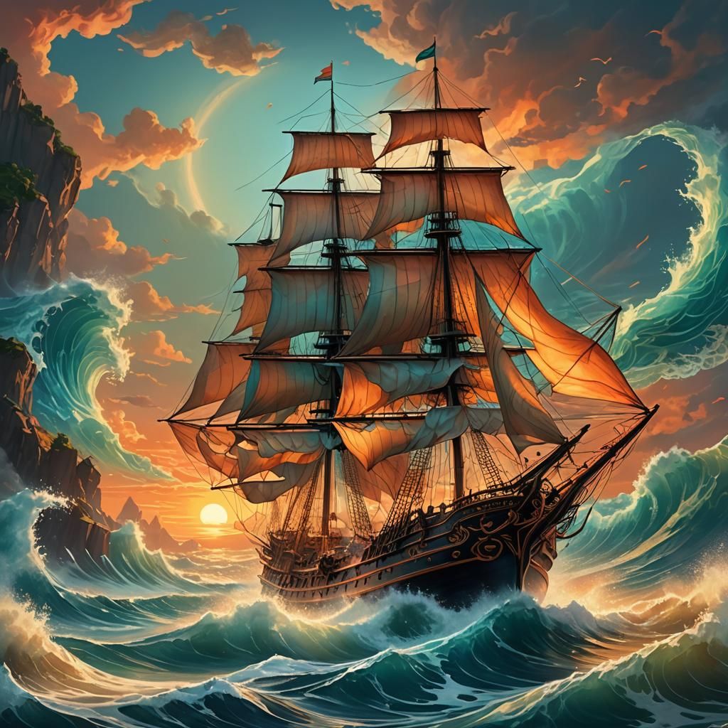 Sailing Ship on Waves in Art Nouveau Style
