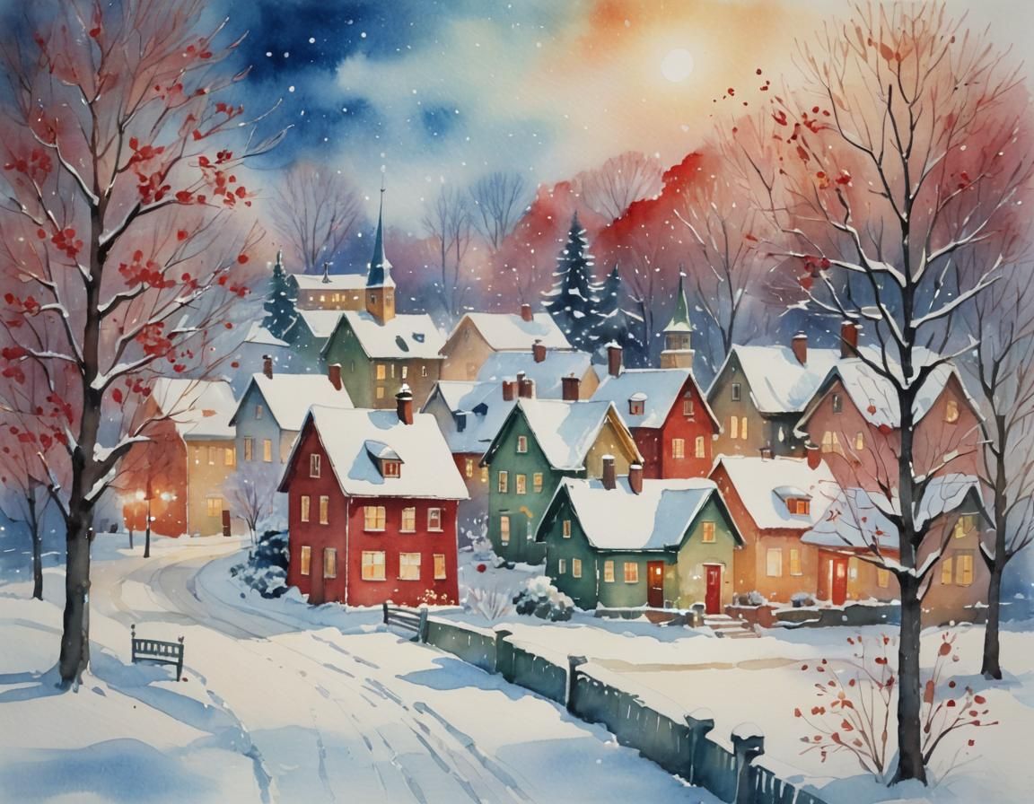 Festive Winter Wonderland Watercolor Painting