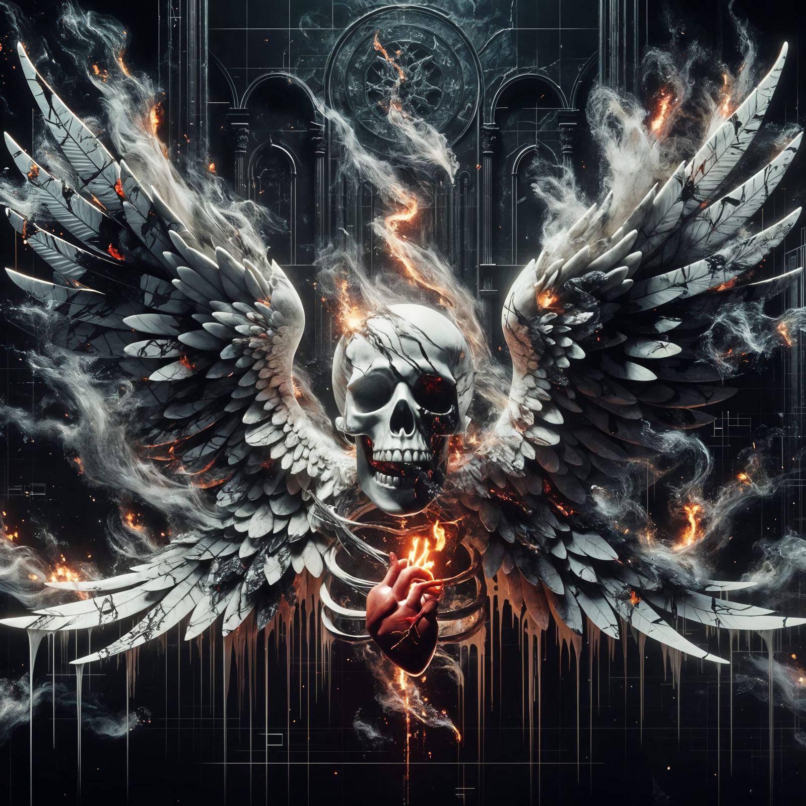 Gothic Skull with Fiery Wings in Digital Cathedral