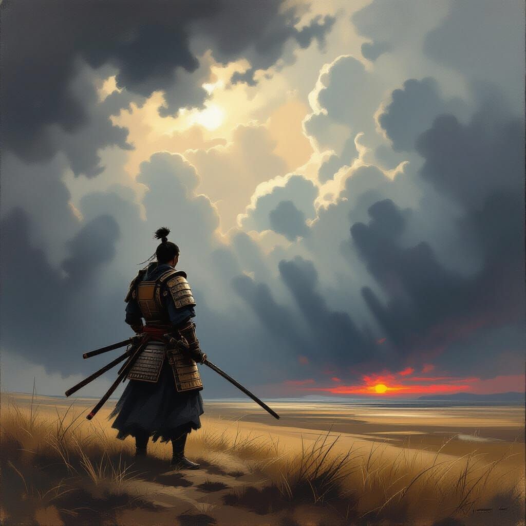 Lone Samurai in Stormy Sky, Painterly Style