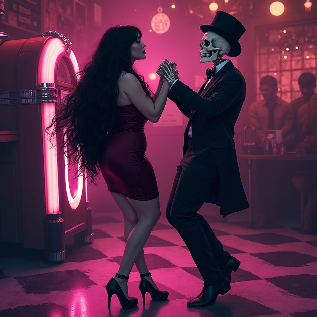 Gothic Girl Dancing with Skeleton in Surreal Cafe