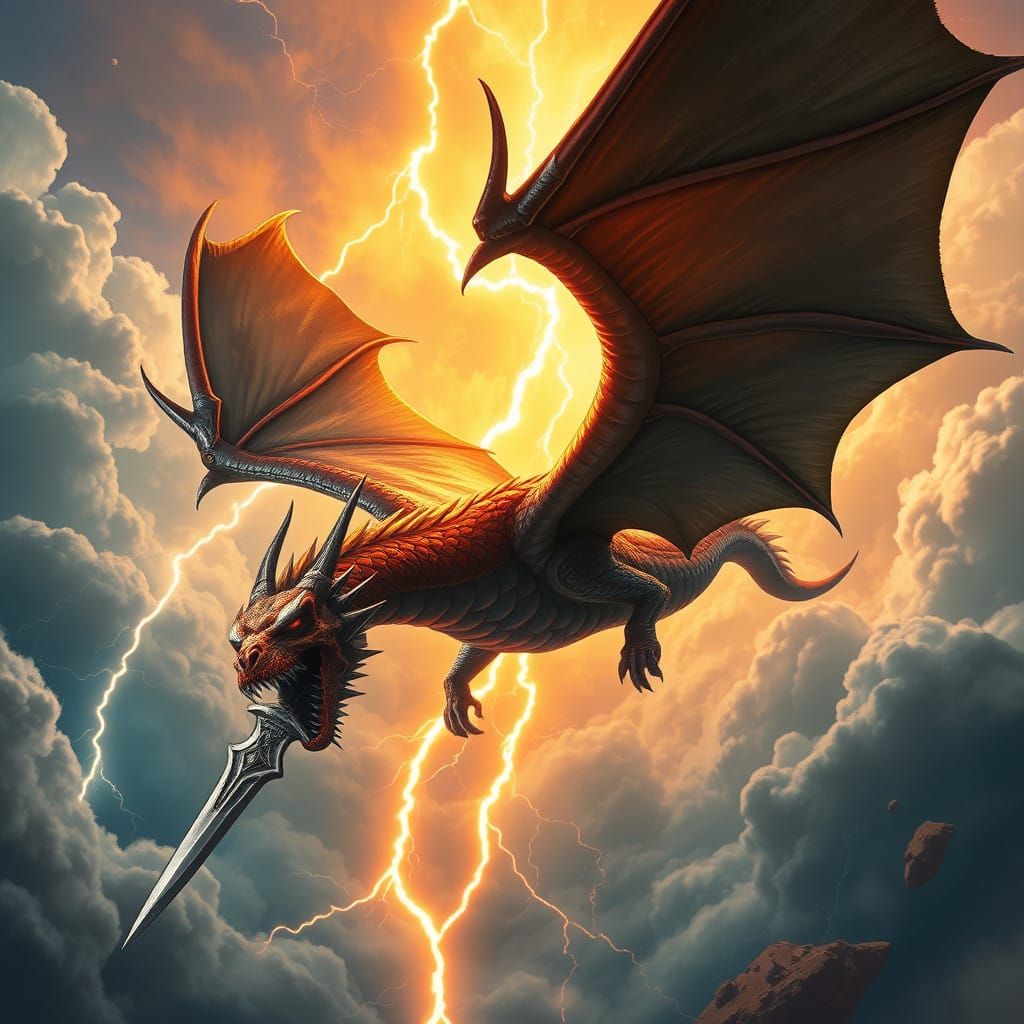 Dragon Soars Through Stormy Skies with Skull-Tipped Sword, F...