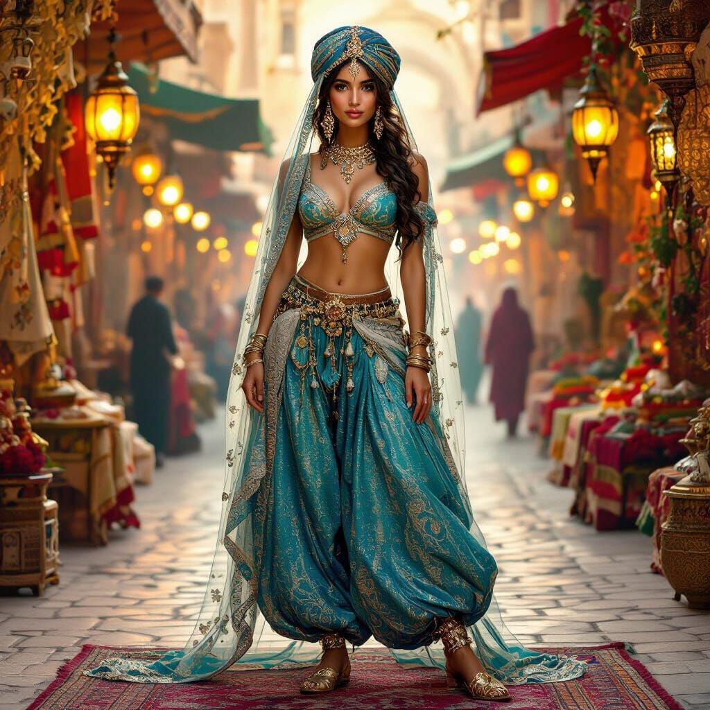 Arabian Princess in Harem Pants and Turban in Bazaar