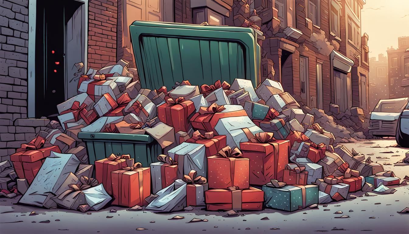 Discarded Christmas Presents in Comic Book Art Style