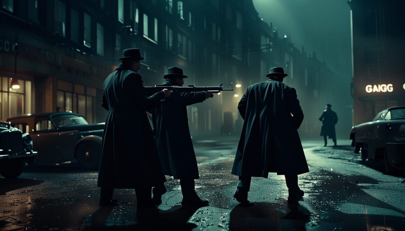 Gangster Machine Gun Fight on Dark City Street