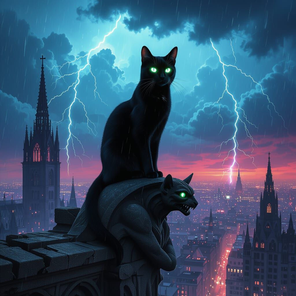 Black Cat on Gargoyle Overlooking Gothic City