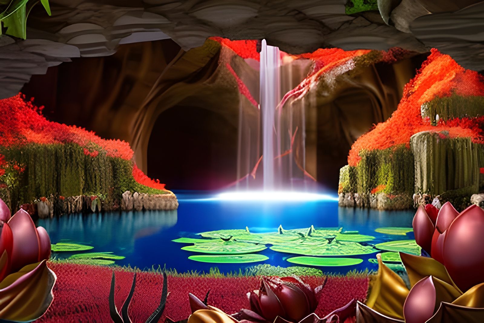 Stone Well in Cave with Red Oak Trees