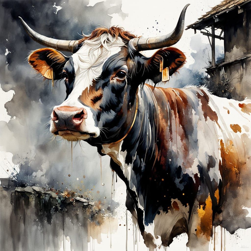 Rustic Fairytale Cow in Moonlit Watercolor