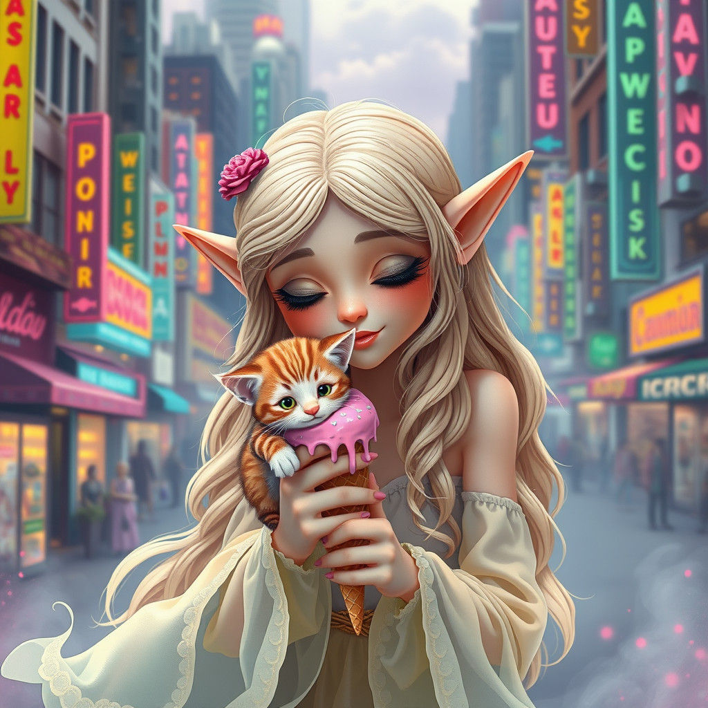 Elf with Kitten and Ice Cream in Stylized City
