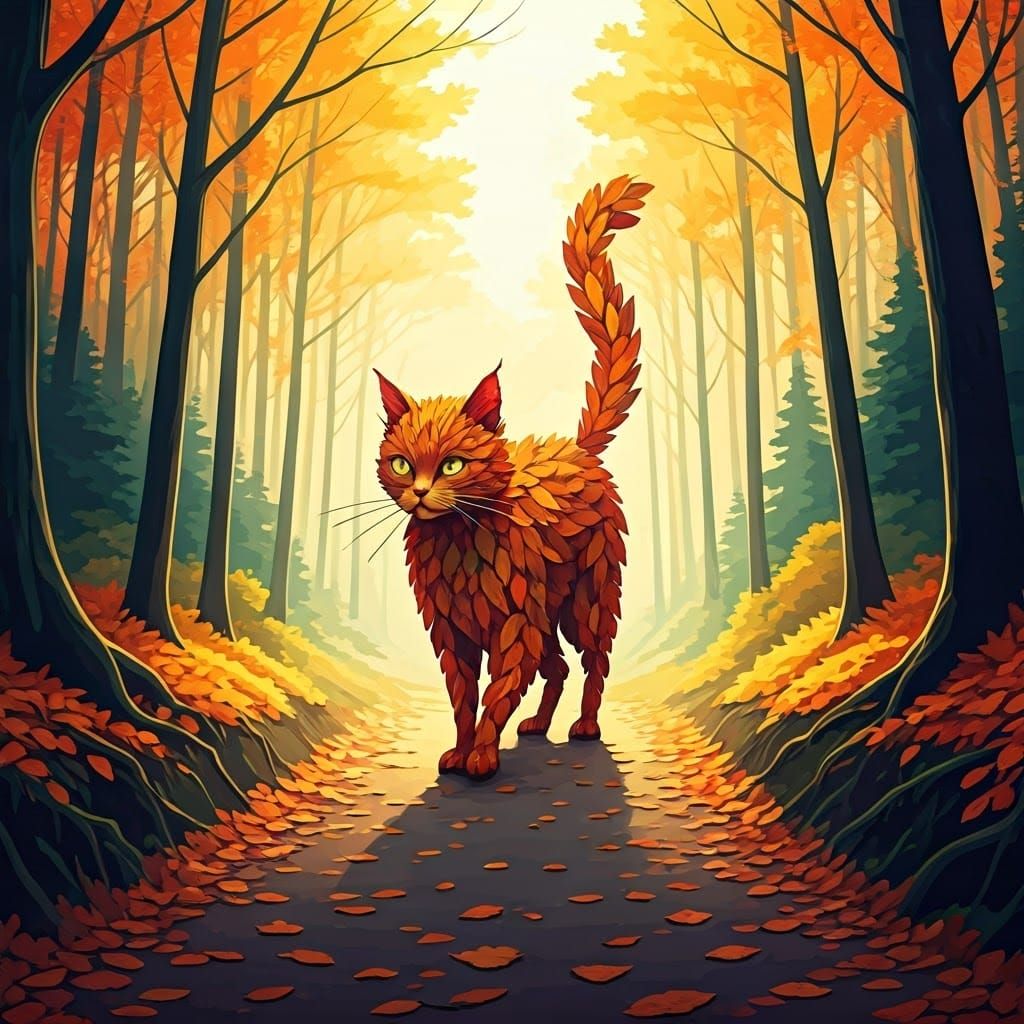 Radiant Autumn Cat in Anime Watercolor Style