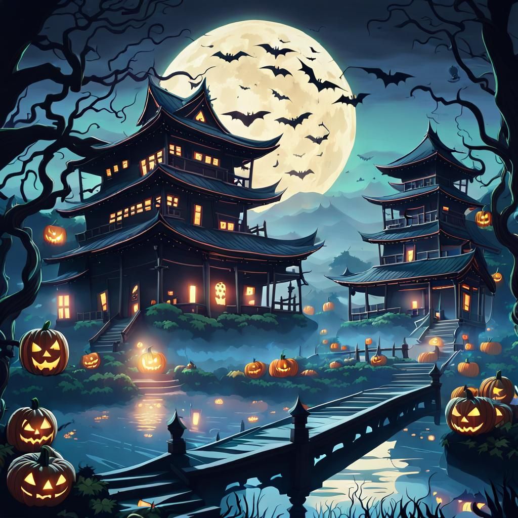 Haunted Japanese Mansion with Halloween Specters