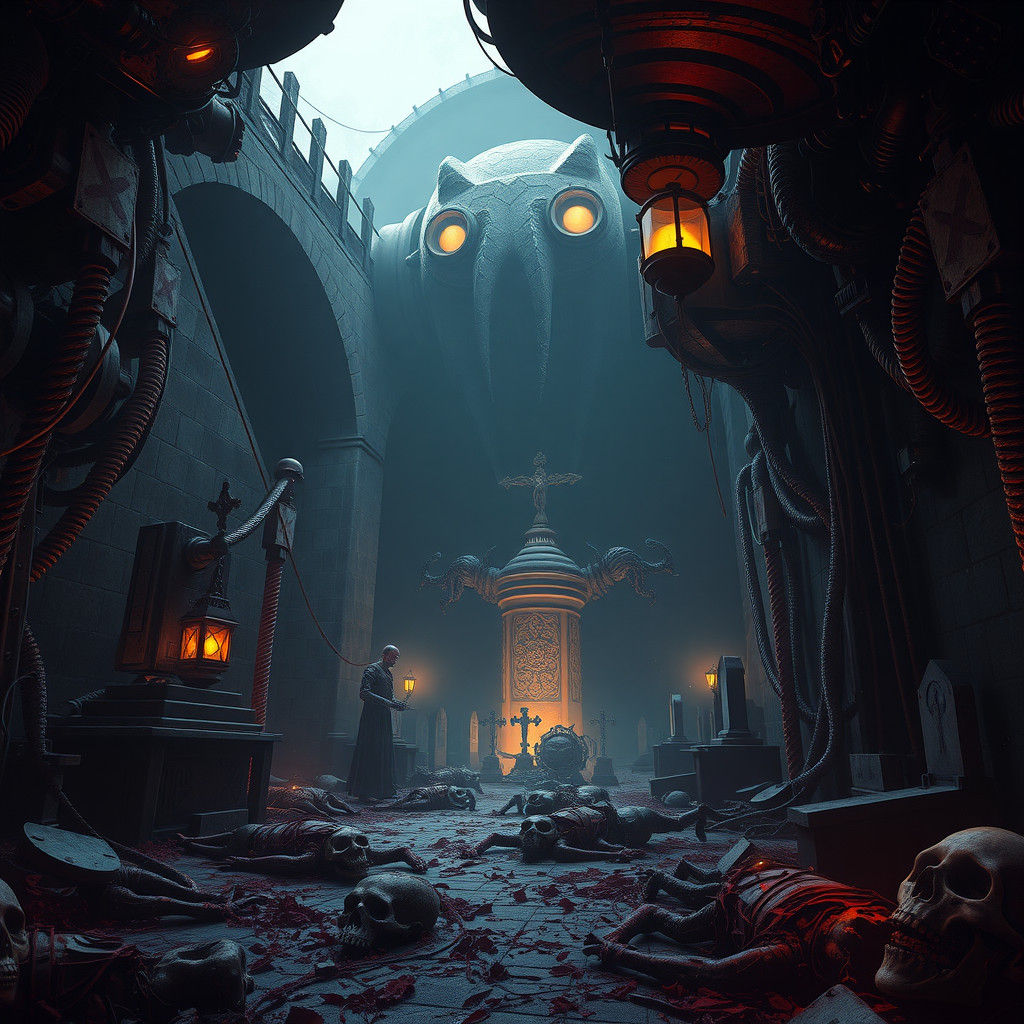 Eerie Underground Cemetery with Mechanical Sentinels