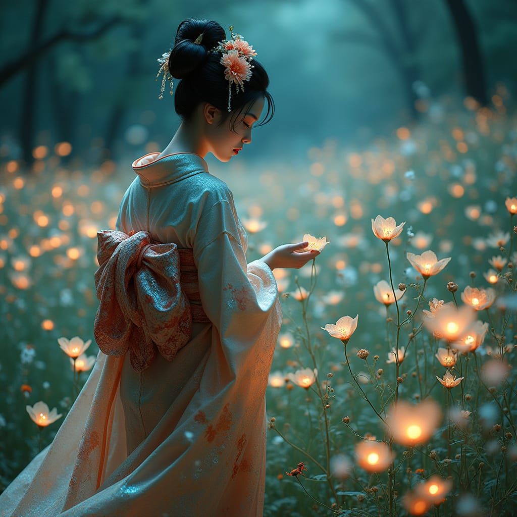 Dreamy Geisha Amidst Glowing Blooms in Hyperrealistic Style