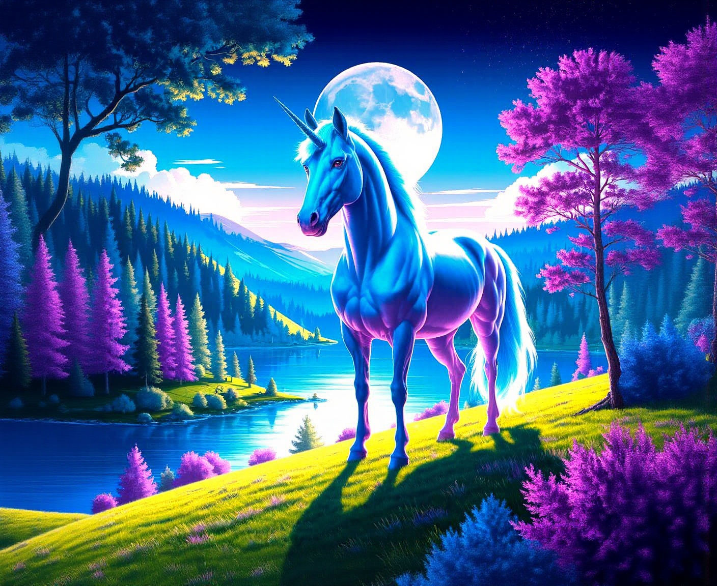 Majestic Blue Unicorn on Green Hillside at Night