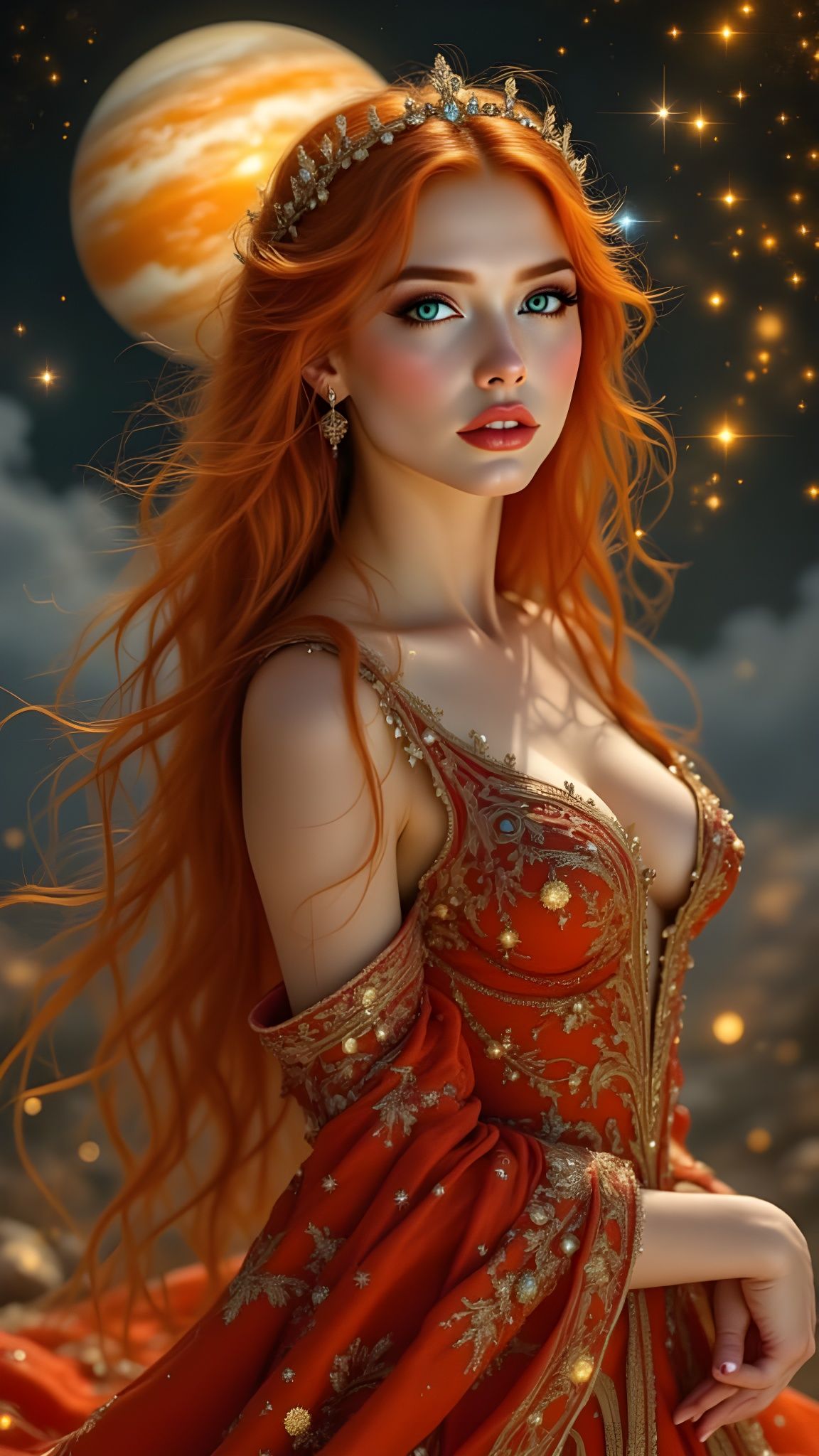 Pre-Raphaelite Woman Before Jupiter Planet