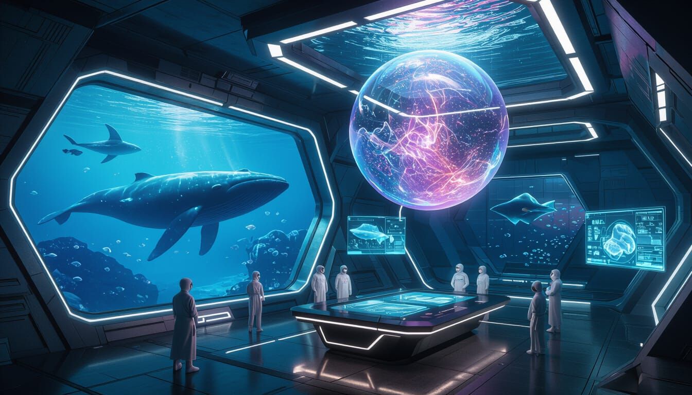 Futuristic Underwater Research Facility with Whale and Holog...