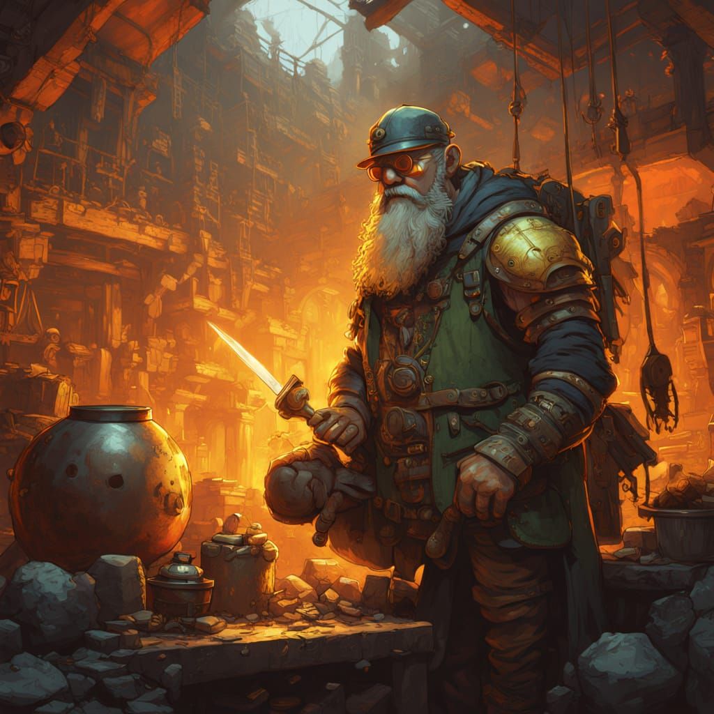 Fantasy Dwarf Artificer in Rich Blues and Earthy Tones