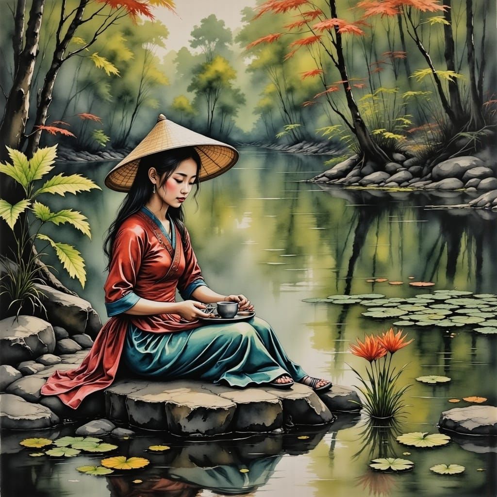 Guizhou Miao Girl's Serene Tea Time by Pond