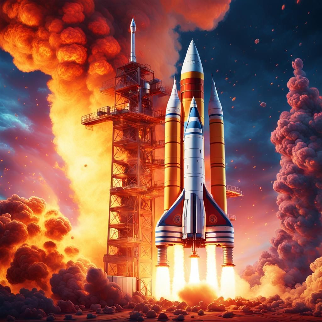 Energetic Rocket Launch in Vibrant Oil Painting